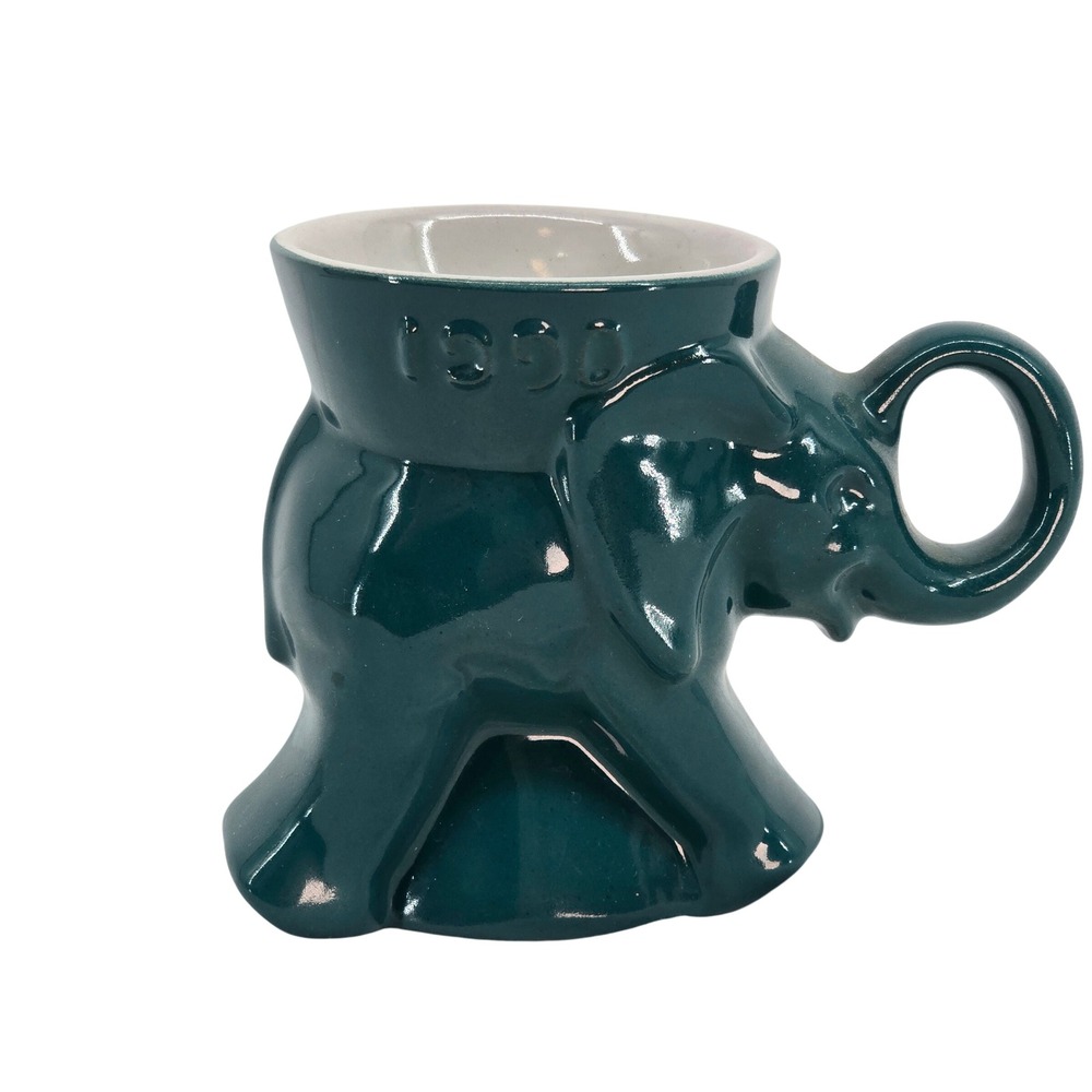 Vintage Frankoma Pottery 1990 GOP Elephant Mug Teal Green Political Collectible